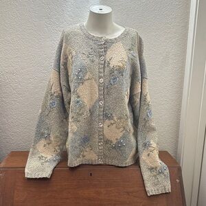 Talbots Beige and Blue Floral Cardigan